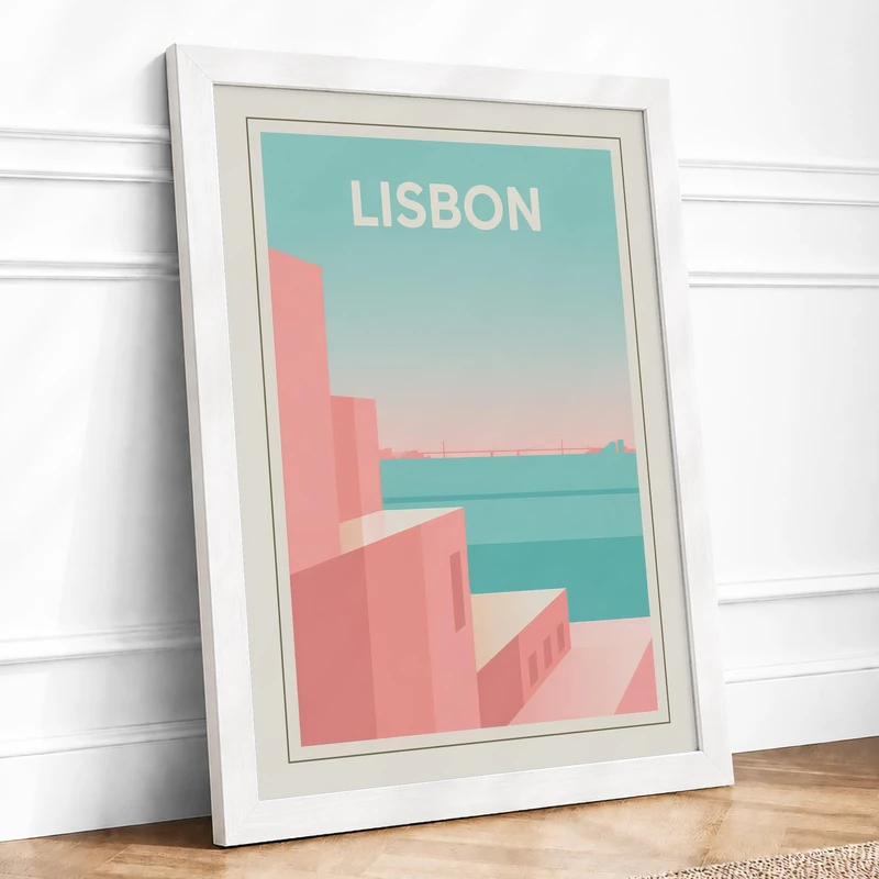 Postcard from Lisbon Vintage Framed Wall Art Print A1 (84.1×59.4cm) White, Wall Decor for Living Room, Bedroom, Office & Home, Ready to Hang, Art Gift - Image 1