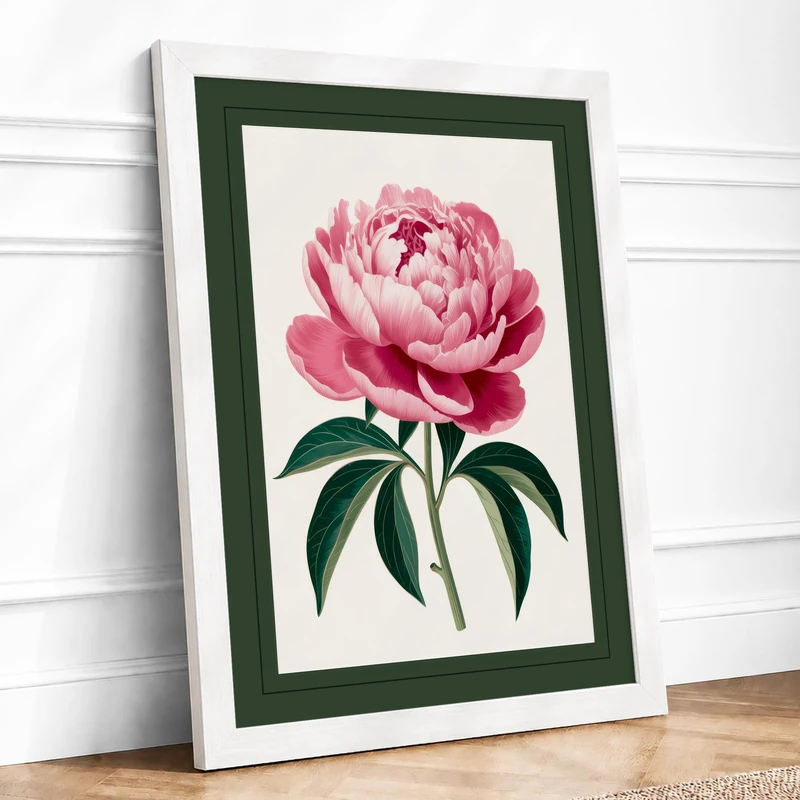 Peony in Bloom Botanical Framed Wall Art Print A1 (84.1×59.4cm) White, Wall Decor for Living Room, Bedroom, Office & Home, Ready to Hang, Art Gift