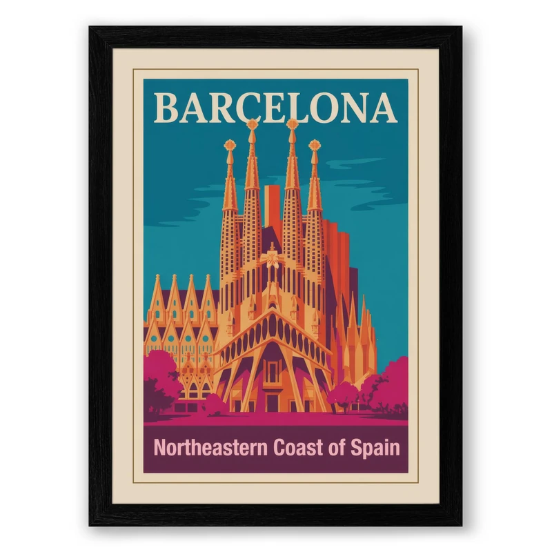 Postcard from Barcelona Vintage Framed Wall Art Print A1 (84.1×59.4cm) Black, Wall Decor for Living Room, Bedroom, Office & Home, Ready to Hang, Art Gift