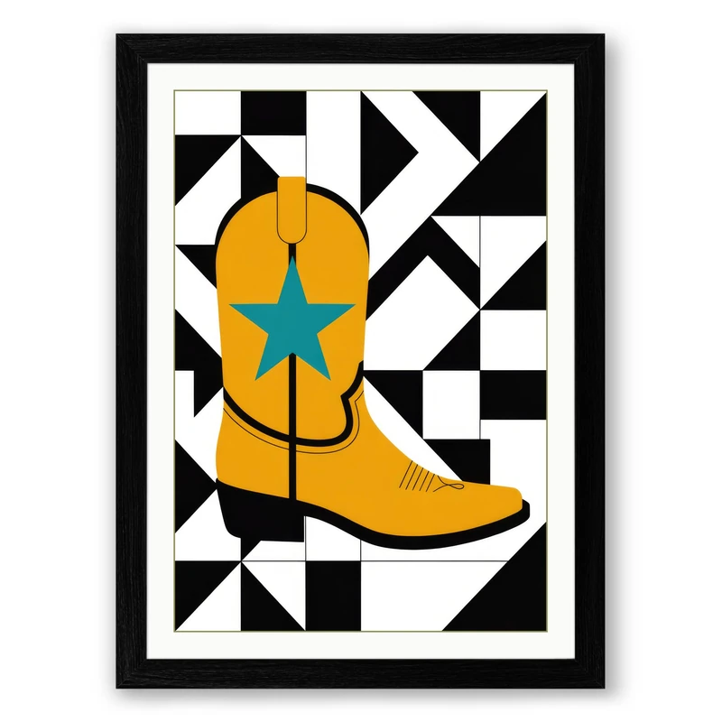 Cowboy Boot Geometric Framed Wall Art Print A1 (84.1×59.4cm) Black, Wall Decor for Living Room, Bedroom, Office & Home, Ready to Hang, Art Gift