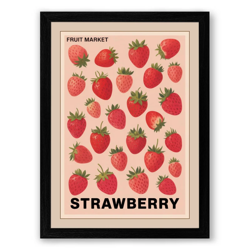 Strawberry Market Vintage Framed Wall Art Print A1 (84.1×59.4cm) Black, Wall Decor for Living Room, Bedroom, Office & Home, Ready to Hang, Art Gift