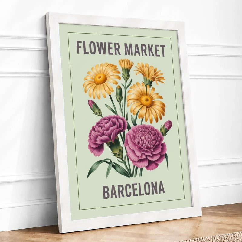 Barcelona Flower Market Botanical Framed Wall Art Print A1 (84.1×59.4cm) White, Wall Decor for Living Room, Bedroom, Office & Home, Ready to Hang, Art Gift