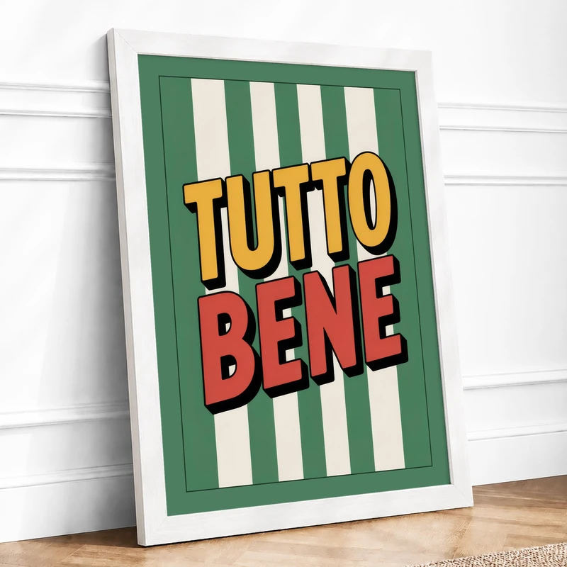 Tutto Bene Typography Retro Framed Wall Art Print A1 (84.1×59.4cm) White, Wall Decor for Living Room, Bedroom, Office & Home, Ready to Hang, Art Gift