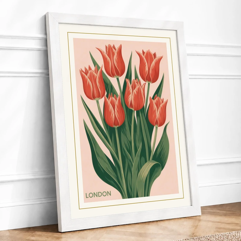 London Tulips Botanical Framed Wall Art Print A1 (84.1×59.4cm) White, Wall Decor for Living Room, Bedroom, Office & Home, Ready to Hang, Art Gift - Image 1