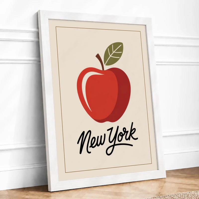 Apple for New York Retro Framed Wall Art Print A1 (84.1×59.4cm) White, Wall Decor for Living Room, Bedroom, Office & Home, Ready to Hang, Art Gift - Image 1