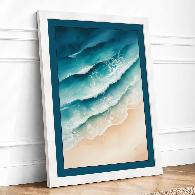 Waves at Shore Coastal Framed Wall Art Print A1 (84.1×59.4cm) White, Wall Decor for Living Room, Bedroom, Office & Home, Ready to Hang, Art Gift - Image 1
