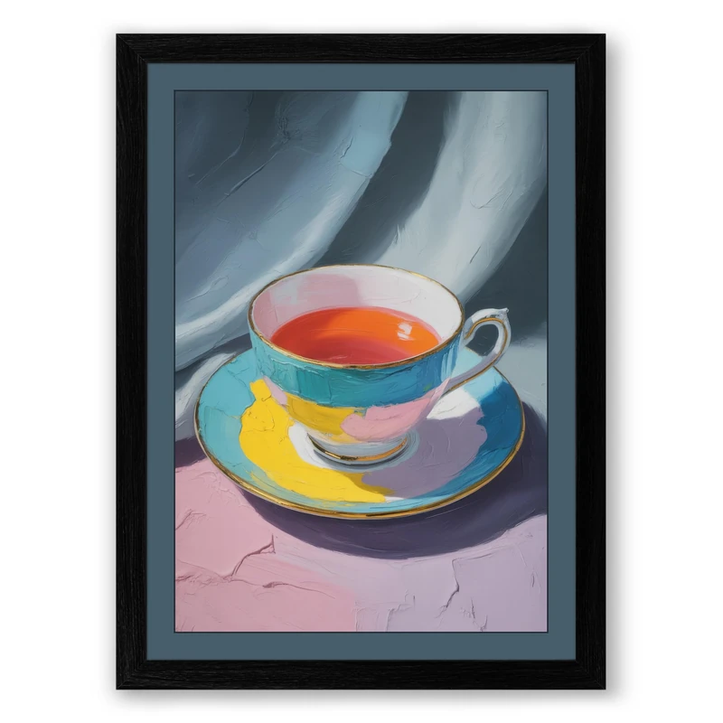Teacup and Lemon Modern Framed Wall Art Print A1 (84.1×59.4cm) Black, Wall Decor for Living Room, Bedroom, Office & Home, Ready to Hang, Art Gift