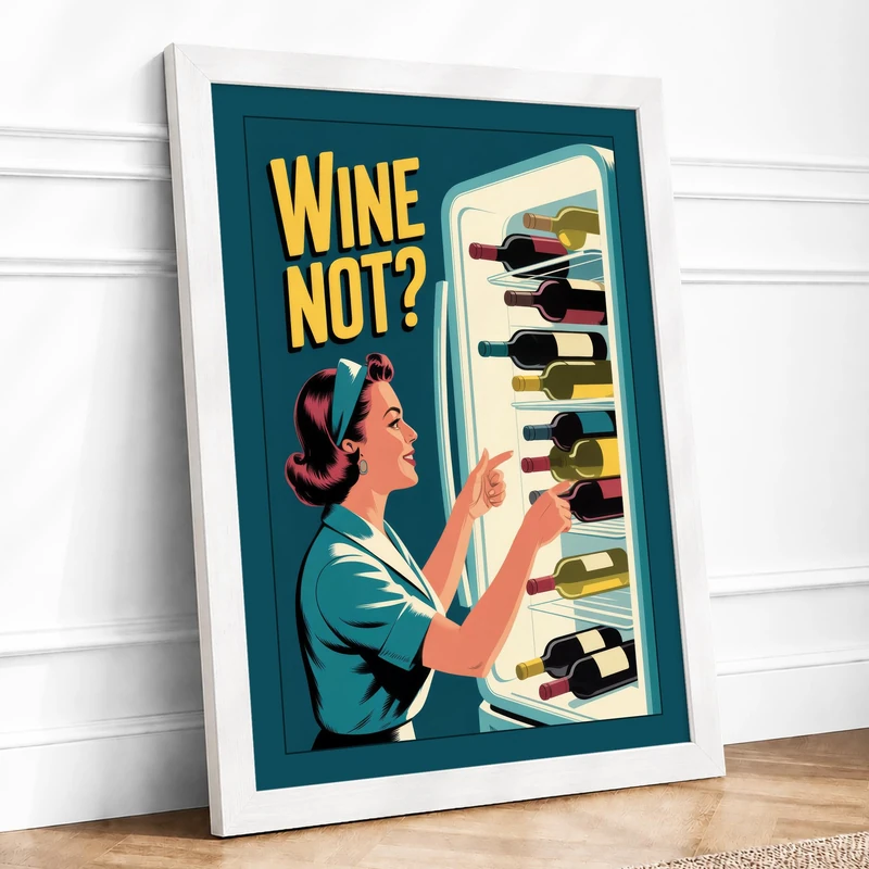 Wine Not Refreshed Retro Framed Wall Art Print A1 (84.1×59.4cm) White, Wall Decor for Living Room, Bedroom, Office & Home, Ready to Hang, Art Gift