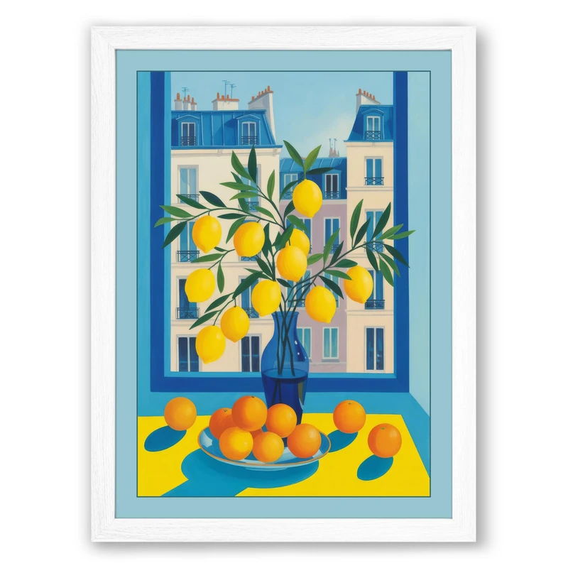 Lemons in the Window Modern Framed Wall Art Print A1 (84.1×59.4cm) White, Wall Decor for Living Room, Bedroom, Office & Home, Ready to Hang, Art Gift