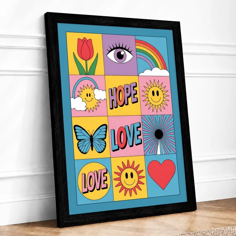 Hope and Love Grid Retro Framed Wall Art Print A1 (84.1×59.4cm) Black, Wall Decor for Living Room, Bedroom, Office & Home, Ready to Hang, Art Gift