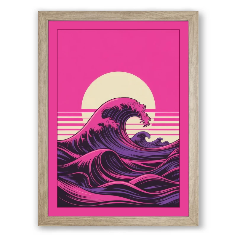 Magenta Wave at Dusk Retro Framed Wall Art Print A1 (84.1×59.4cm) Oak, Wall Decor for Living Room, Bedroom, Office & Home, Ready to Hang, Art Gift - Image 1