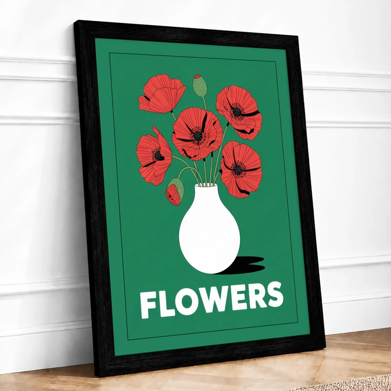 Red Poppies in White Vase Modern Framed Wall Art Print A1 (84.1×59.4cm) Black, Wall Decor for Living Room, Bedroom, Office & Home, Ready to Hang, Art Gift - Image 1