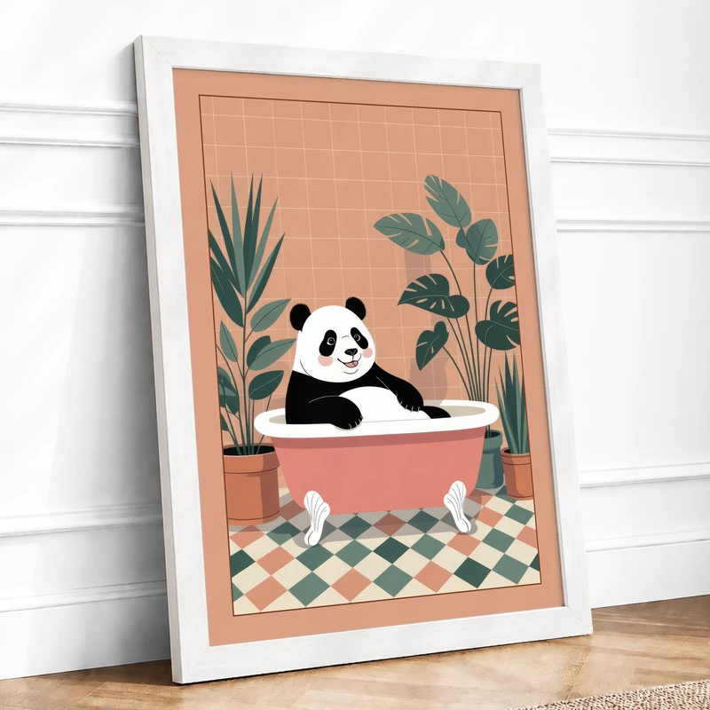Panda in the Tub Modern Framed Wall Art Print A1 (84.1×59.4cm) White, Wall Decor for Living Room, Bedroom, Office & Home, Ready to Hang, Art Gift - Image 1