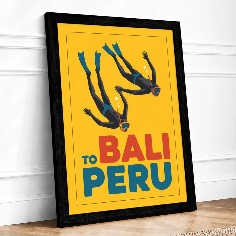 To Bali Vintage Framed Wall Art Print A1 (84.1×59.4cm) Black, Wall Decor for Living Room, Bedroom, Office & Home, Ready to Hang, Art Gift