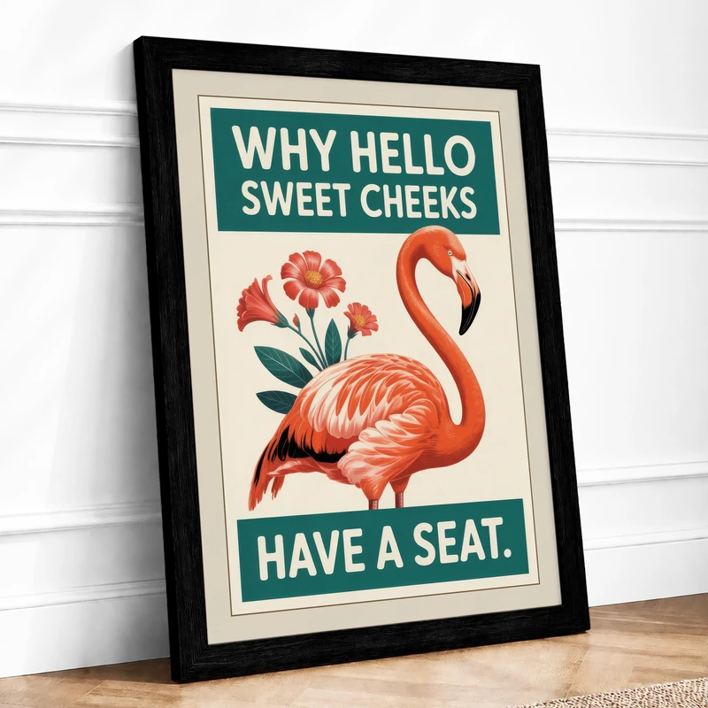 Flamingo Welcome Retro Framed Wall Art Print A1 (84.1×59.4cm) Black, Wall Decor for Living Room, Bedroom, Office & Home, Ready to Hang, Art Gift