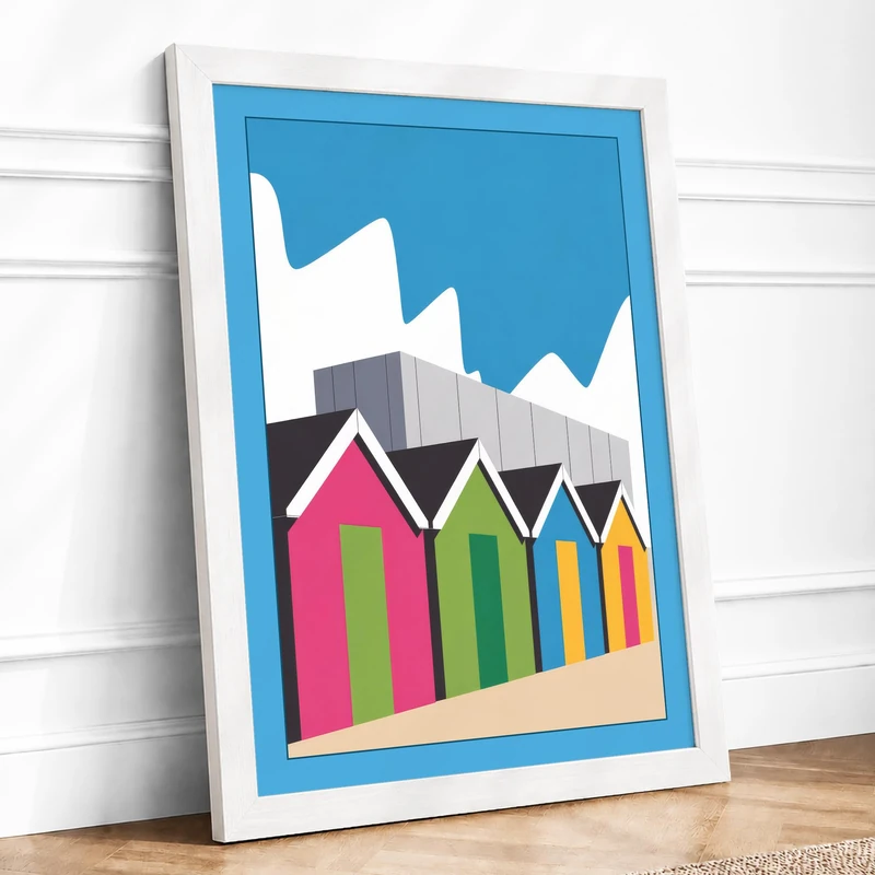 Striped Beach Huts Modern Framed Wall Art Print A1 (84.1×59.4cm) White, Wall Decor for Living Room, Bedroom, Office & Home, Ready to Hang, Art Gift