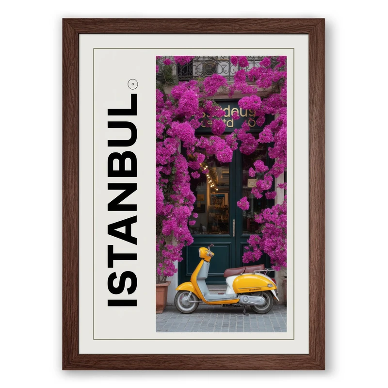 Scooter in Istanbul Blooms Vintage Framed Wall Art Print A1 (84.1×59.4cm) Walnut, Wall Decor for Living Room, Bedroom, Office & Home, Ready to Hang, Art Gift - Image 1