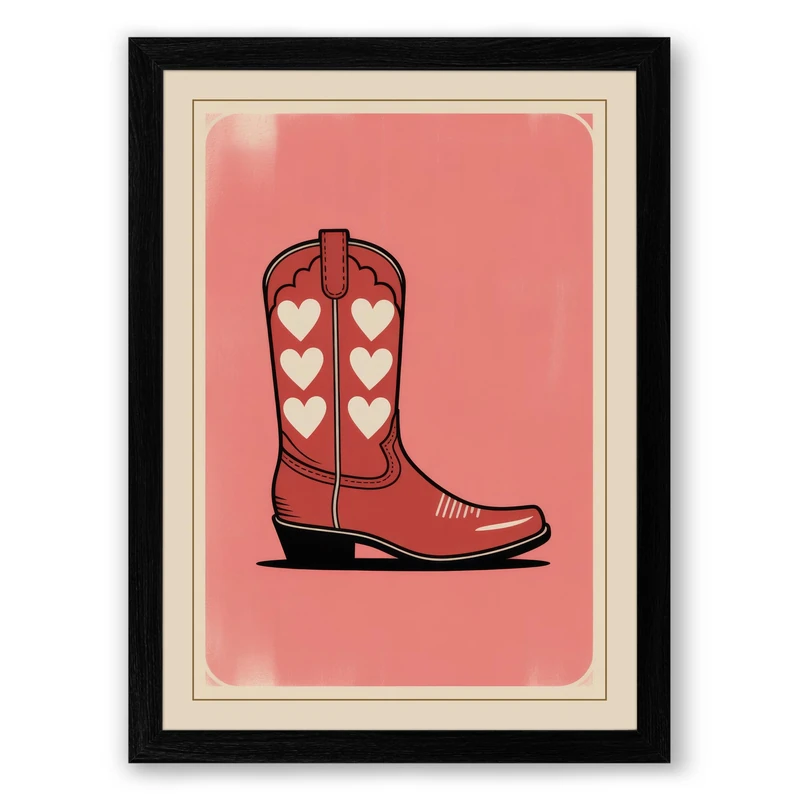 Cowboy Boot with Hearts Modern Framed Wall Art Print A1 (84.1×59.4cm) Black, Wall Decor for Living Room, Bedroom, Office & Home, Ready to Hang, Art Gift