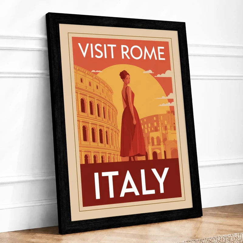 Postcard from Rome Vintage Framed Wall Art Print A1 (84.1×59.4cm) Black, Wall Decor for Living Room, Bedroom, Office & Home, Ready to Hang, Art Gift