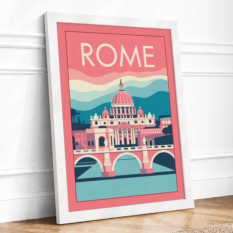 Postcard from Rome Vintage Framed Wall Art Print A1 (84.1×59.4cm) White, Wall Decor for Living Room, Bedroom, Office & Home, Ready to Hang, Art Gift