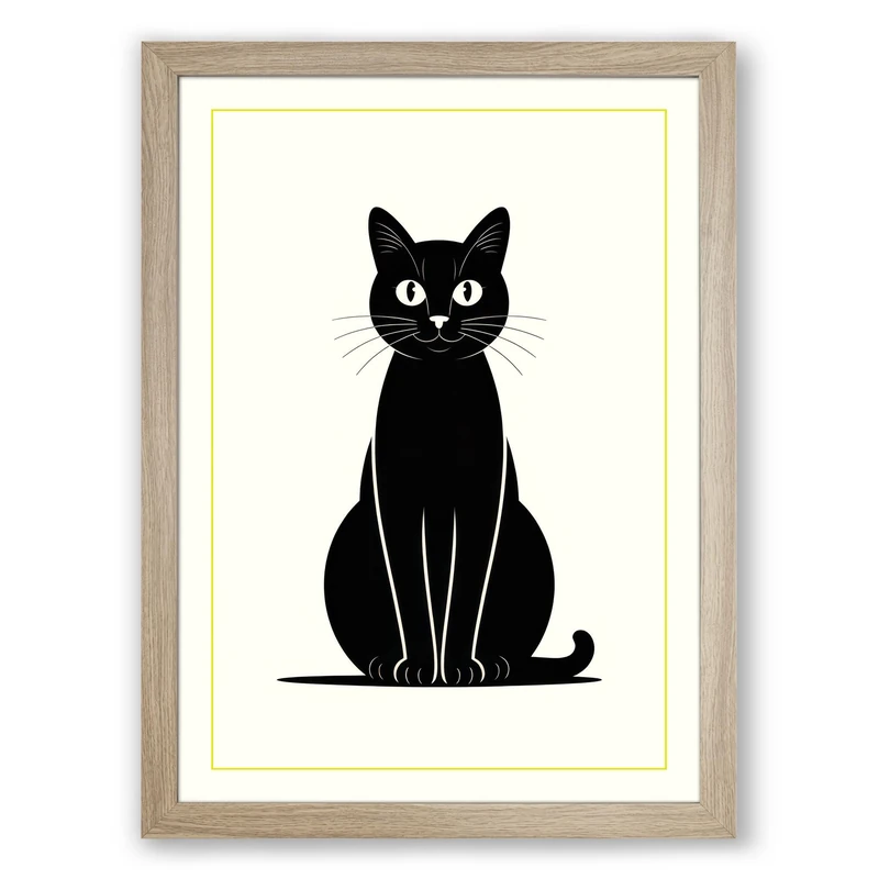 Black Cat Minimalist Framed Wall Art Print A1 (84.1×59.4cm) Oak, Wall Decor for Living Room, Bedroom, Office & Home, Ready to Hang, Art Gift - Image 1