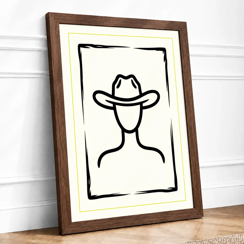 Cowboy in Black Ink Minimalist Framed Wall Art Print A1 (84.1×59.4cm) Walnut, Wall Decor for Living Room, Bedroom, Office & Home, Ready to Hang, Art Gift - Image 1