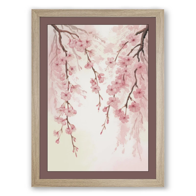 Moonlit Cherry Blossom Botanical Framed Wall Art Print A1 (84.1×59.4cm) Oak, Wall Decor for Living Room, Bedroom, Office & Home, Ready to Hang, Art Gift