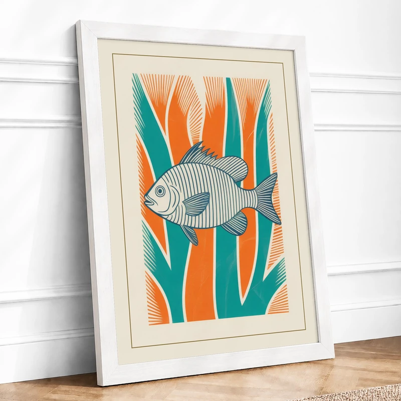 Patterned Fish Mid-Century Framed Wall Art Print A1 (84.1×59.4cm) White, Wall Decor for Living Room, Bedroom, Office & Home, Ready to Hang, Art Gift - Image 1