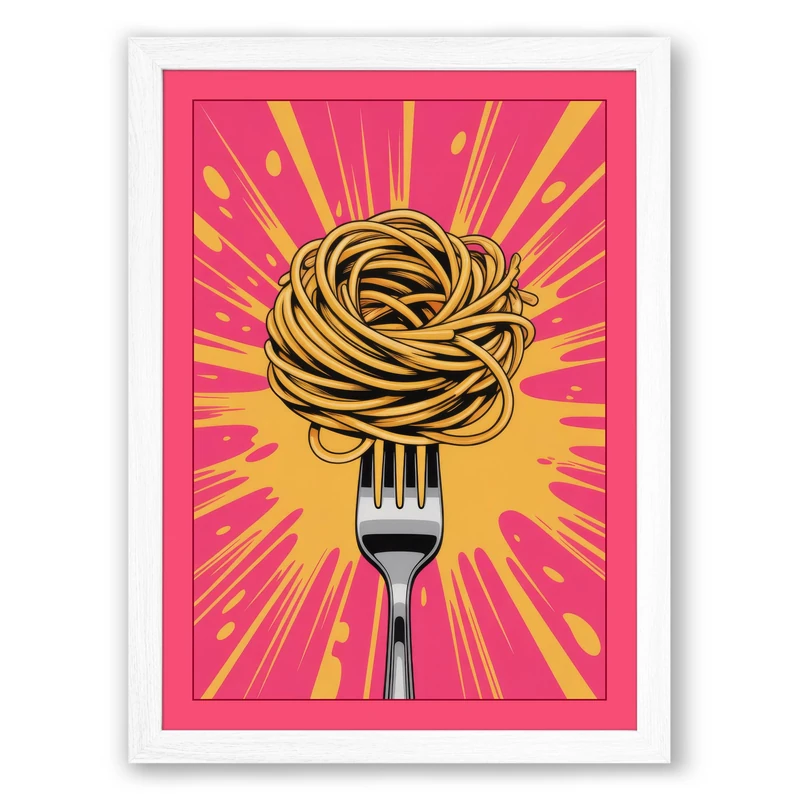 Fork and Pasta Pop Modern Framed Wall Art Print A1 (84.1×59.4cm) White, Wall Decor for Living Room, Bedroom, Office & Home, Ready to Hang, Art Gift