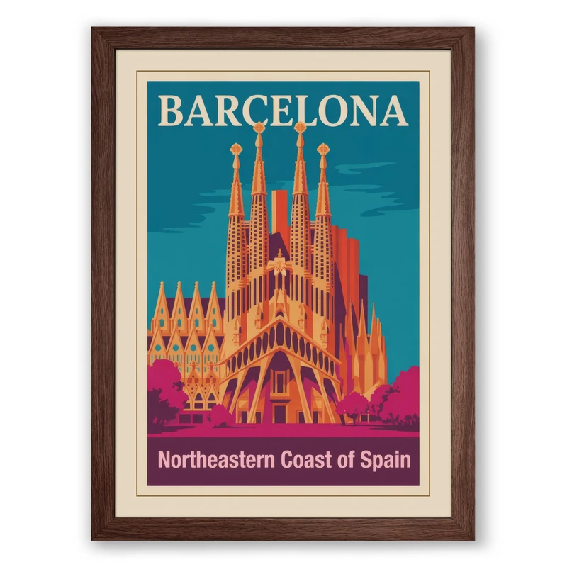 Postcard from Barcelona Vintage Framed Wall Art Print A1 (84.1×59.4cm) Walnut, Wall Decor for Living Room, Bedroom, Office & Home, Ready to Hang, Art Gift
