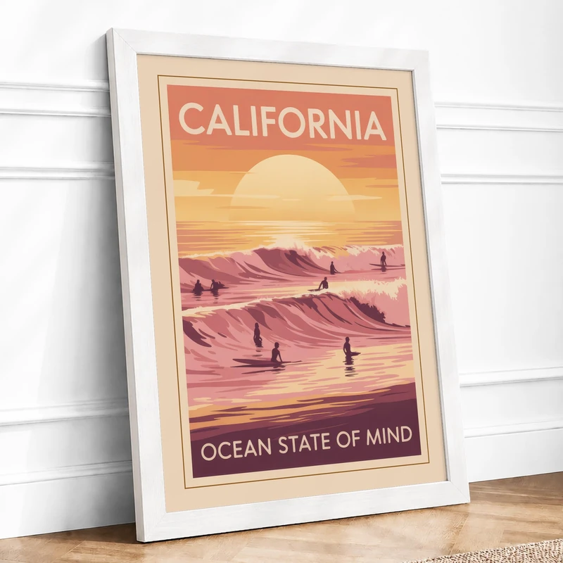 California Ocean State of Mind Retro Framed Wall Art Print A1 (84.1×59.4cm) White, Wall Decor for Living Room, Bedroom, Office & Home, Ready to Hang, Art Gift - Image 1