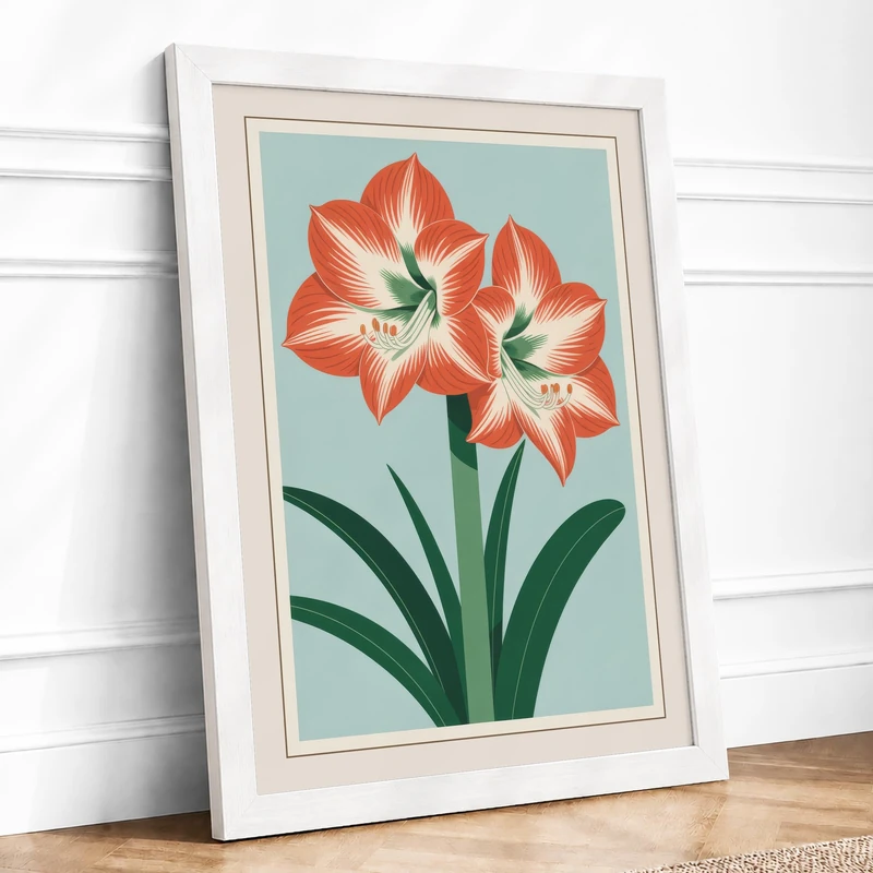 Striped Amaryllis Study Botanical Framed Wall Art Print A1 (84.1×59.4cm) White, Wall Decor for Living Room, Bedroom, Office & Home, Ready to Hang, Art Gift