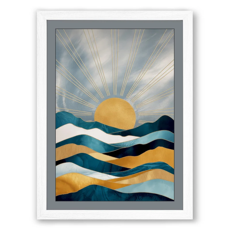 Sun Over Waves Minimalist Framed Wall Art Print A1 (84.1×59.4cm) White, Wall Decor for Living Room, Bedroom, Office & Home, Ready to Hang, Art Gift