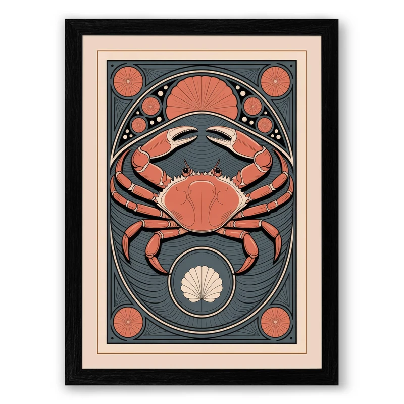 Crab in Symmetry Art Deco Framed Wall Art Print A1 (84.1×59.4cm) Black, Wall Decor for Living Room, Bedroom, Office & Home, Ready to Hang, Art Gift