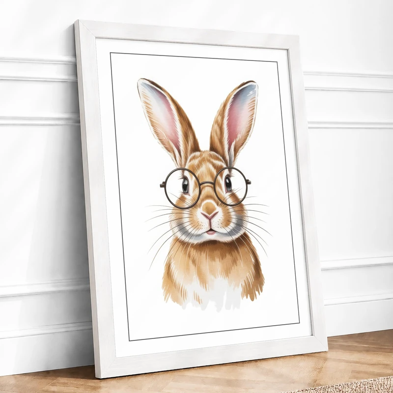Spectacled Rabbit Boho Framed Wall Art Print A1 (84.1×59.4cm) White, Wall Decor for Living Room, Bedroom, Office & Home, Ready to Hang, Art Gift