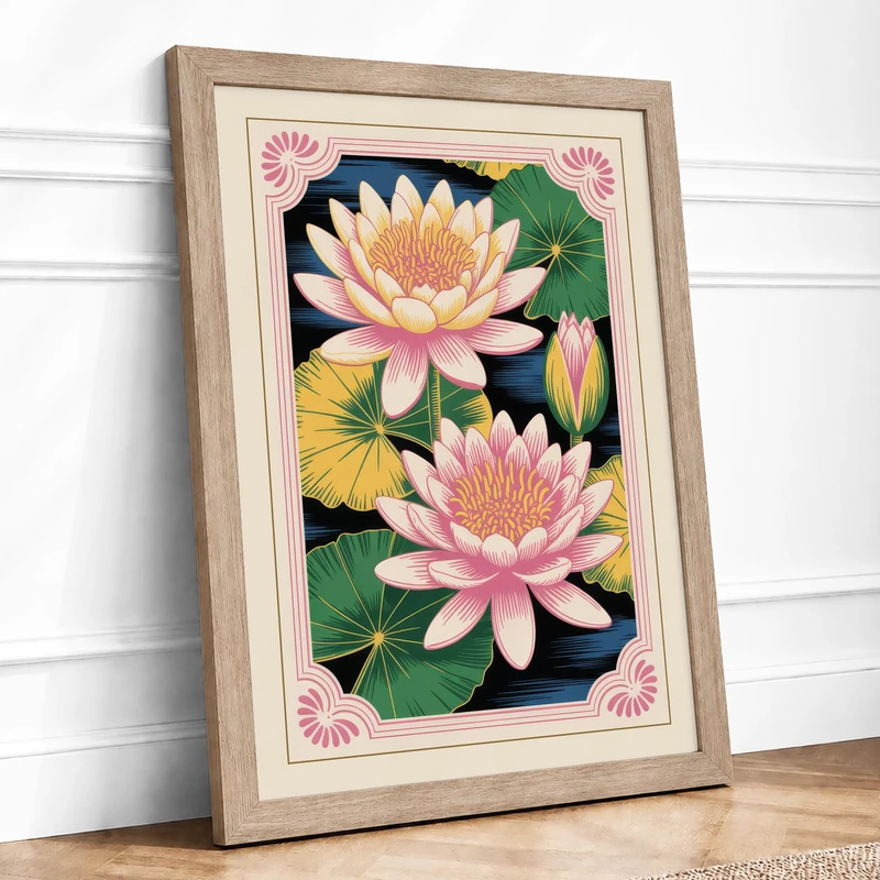 Aquatic Bloom Study Botanical Framed Wall Art Print A1 (84.1×59.4cm) Oak, Wall Decor for Living Room, Bedroom, Office & Home, Ready to Hang, Art Gift - Image 1