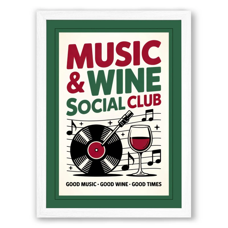 Music and Wine Club Vintage Framed Wall Art Print A1 (84.1×59.4cm) White, Wall Decor for Living Room, Bedroom, Office & Home, Ready to Hang, Art Gift