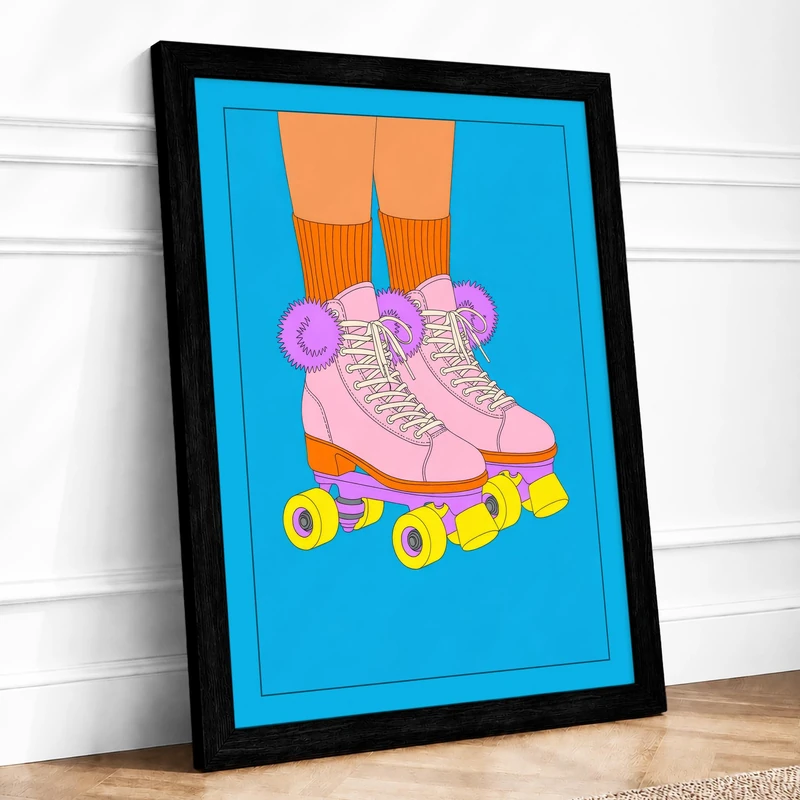 Roller Skates Retro Framed Wall Art Print A1 (84.1×59.4cm) Black, Wall Decor for Living Room, Bedroom, Office & Home, Ready to Hang, Art Gift