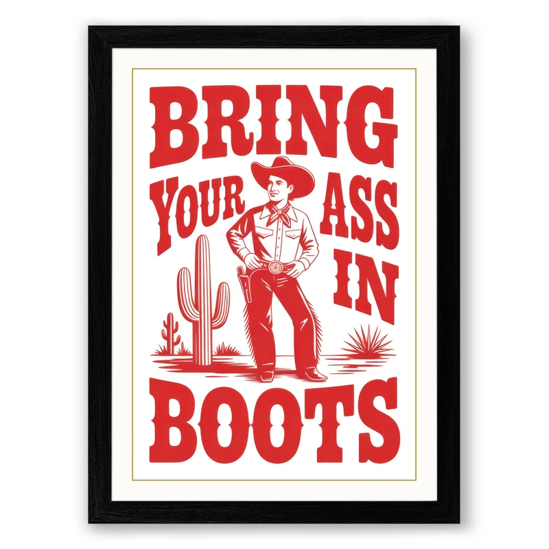 Bring Your Boots West Retro Framed Wall Art Print A1 (84.1×59.4cm) Black, Wall Decor for Living Room, Bedroom, Office & Home, Ready to Hang, Art Gift