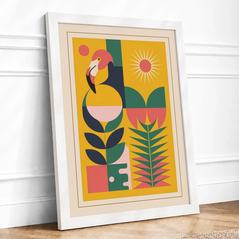 Toucan and Botanicals Mid-Century Framed Wall Art Print A1 (84.1×59.4cm) White, Wall Decor for Living Room, Bedroom, Office & Home, Ready to Hang, Art Gift