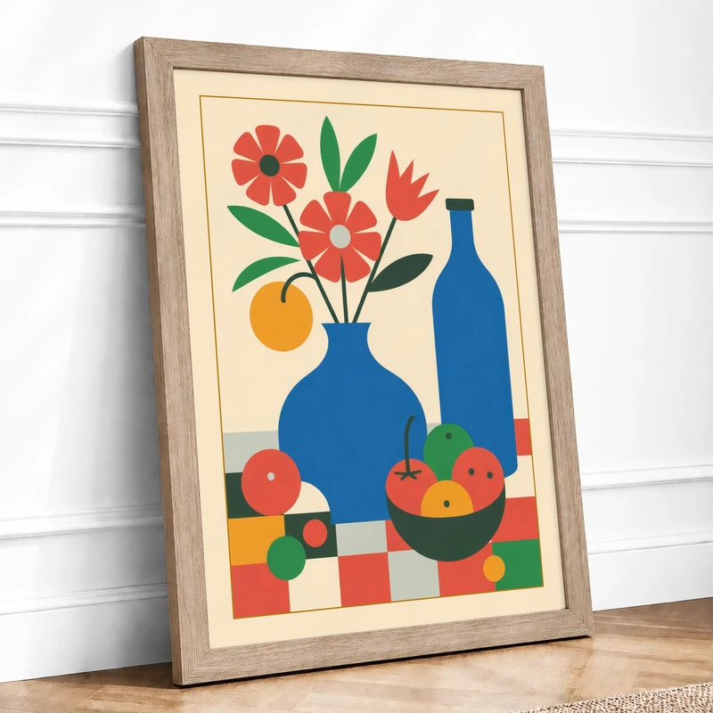 Still Life in Blue and Red Mid-Century Framed Wall Art Print A1 (84.1×59.4cm) Oak, Wall Decor for Living Room, Bedroom, Office & Home, Ready to Hang, Art Gift