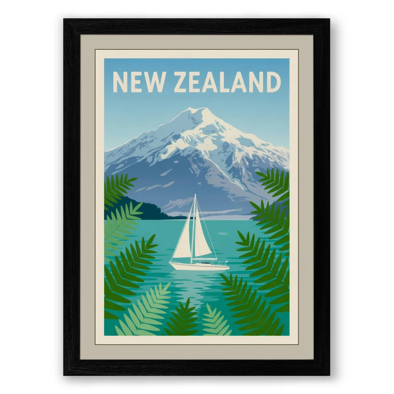 Postcard from New Zealand Vintage Framed Wall Art Print A1 (84.1×59.4cm) Black, Wall Decor for Living Room, Bedroom, Office & Home, Ready to Hang, Art Gift - Image 1