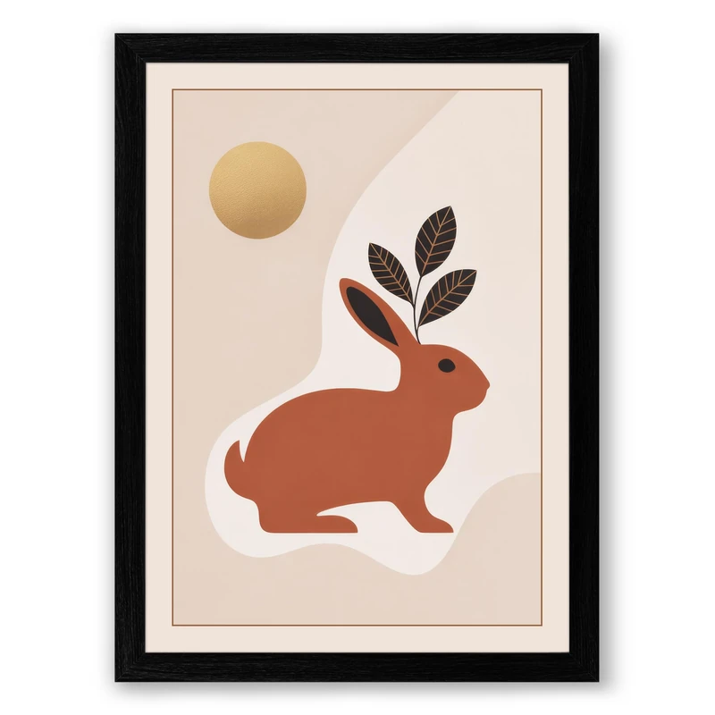 Rabbit and Moon Minimalist Framed Wall Art Print A1 (84.1×59.4cm) Black, Wall Decor for Living Room, Bedroom, Office & Home, Ready to Hang, Art Gift