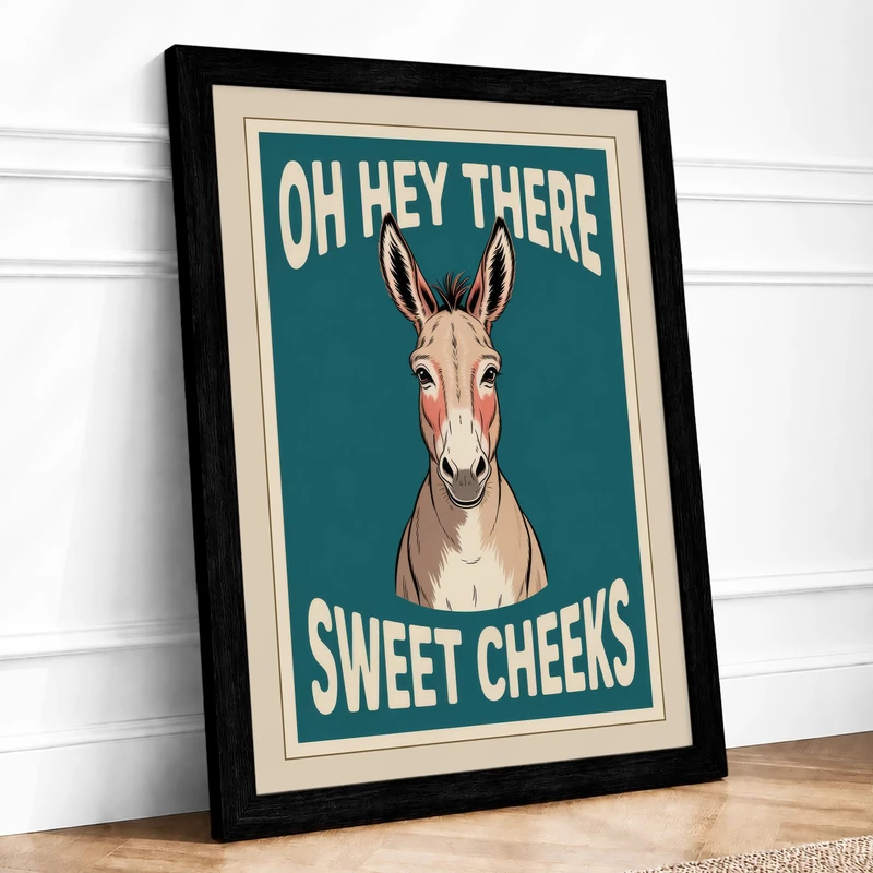 Sweet Cheeks Donkey Retro Framed Wall Art Print A1 Black