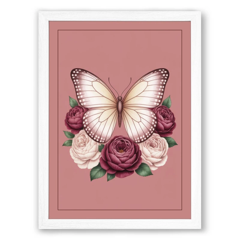 Butterfly Above Roses Botanical Framed Wall Art Print A1 (84.1×59.4cm) White, Wall Decor for Living Room, Bedroom, Office & Home, Ready to Hang, Art Gift
