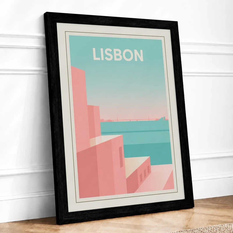 Postcard from Lisbon Vintage Framed Wall Art Print A1 (84.1×59.4cm) Black, Wall Decor for Living Room, Bedroom, Office & Home, Ready to Hang, Art Gift