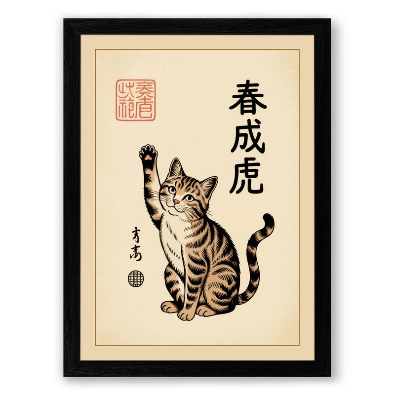 Seated Tiger in Ink Japandi Framed Wall Art Print A1 (84.1×59.4cm) Black, Wall Decor for Living Room, Bedroom, Office & Home, Ready to Hang, Art Gift