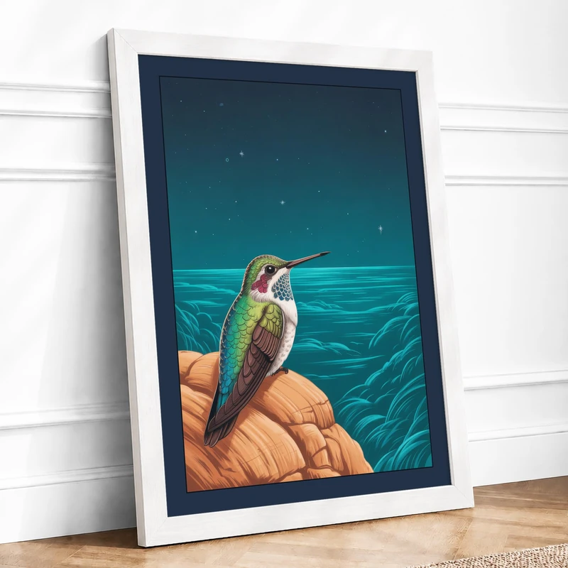 Hummingbird at Dusk Modern Framed Wall Art Print A1 (84.1×59.4cm) White, Wall Decor for Living Room, Bedroom, Office & Home, Ready to Hang, Art Gift