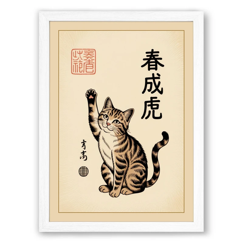 Seated Tiger in Ink Japandi Framed Wall Art Print A1 (84.1×59.4cm) White, Wall Decor for Living Room, Bedroom, Office & Home, Ready to Hang, Art Gift