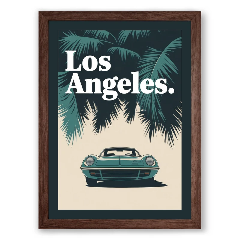 Los Angeles Nights Retro Framed Wall Art Print A1 (84.1×59.4cm) Walnut, Wall Decor for Living Room, Bedroom, Office & Home, Ready to Hang, Art Gift